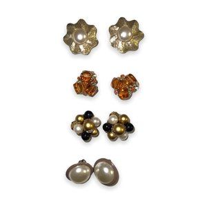 Vintage Bead Pearl Cluster Clip On Earrings 1" Estate Costume Jewelry button